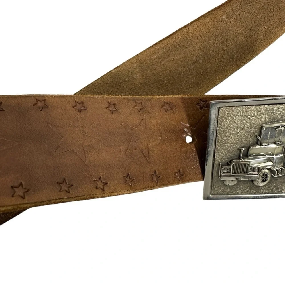 Vintage Brown Star Embossed Leather Belt with Semi Truck Metal Buckle